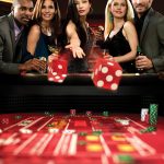 Woman throwing dice onto craps table as couples watch at casino